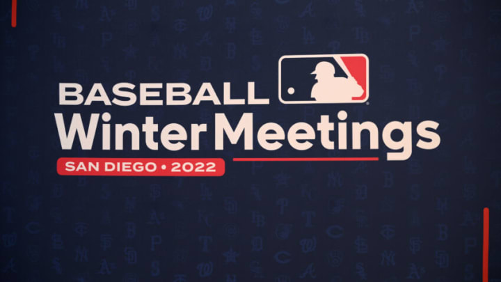 Dec 7, 2022; San Diego, CA, USA; A detailed view of a 2022 MLB Winter Meetings logo at Manchester Grand Hyatt. Mandatory Credit: Orlando Ramirez-USA TODAY Sports