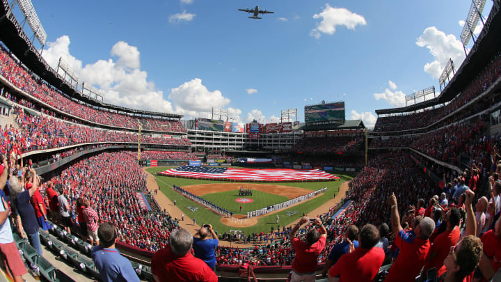 Jul 31, 2015; Arlington, TX, USA; A view the Texas Rangers logo and on deck circle before the game between the Texas Rangers and the San Francisco Giants at Globe Life Park in Arlington. The Rangers defeated the Giants 6-3. Mandatory Credit: Jerome Miron-USA TODAY Sports