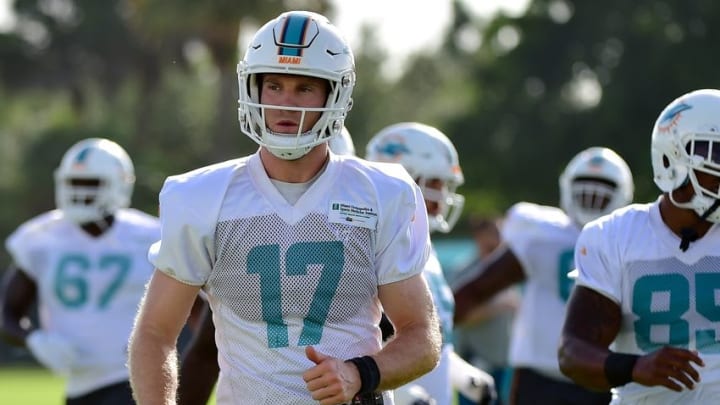 Aug 4, 2016; Miami Gardens, FL, USA; Miami Dolphins quarterback Ryan Tannehill (17) warms up practice drills at Baptist Health Training Facility. Mandatory Credit: Steve Mitchell-USA TODAY Sports