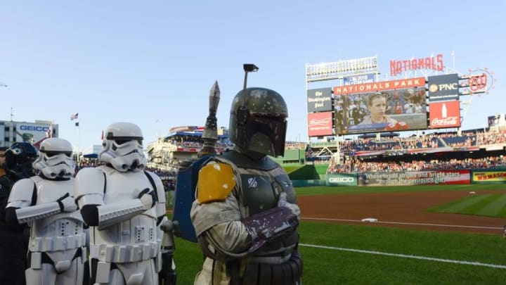 Aug 13, 2016; Washington, DC, USA; Star Wars characters stand on the field for the National Anthem before the game between the Washington Nationals and the Atlanta Braves at Nationals Park. Mandatory Credit: Tommy Gilligan-USA TODAY Sports