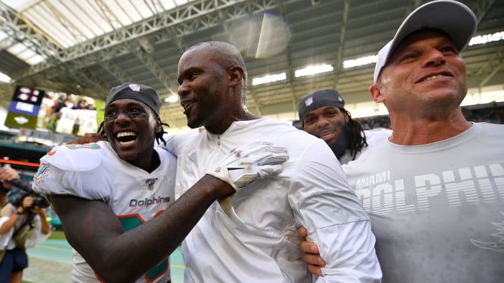 MIAMI, FLORIDA – NOVEMBER 03: Head Coach Brian Flores of the Miami Dolphins celebrates his first victory against the New York Jets in the first quarter at Hard Rock Stadium on November 03, 2019 in Miami, Florida. (Photo by Mark Brown/Getty Images)