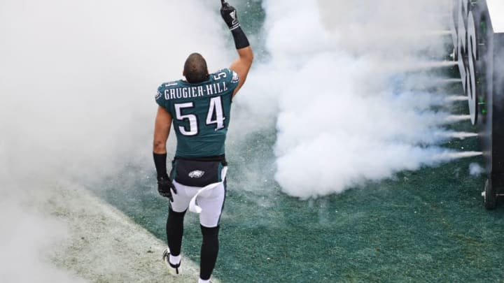 PHILADELPHIA, PA - NOVEMBER 24: Kamu Grugier-Hill #54 of the Philadelphia Eagles is introduced before the game at Lincoln Financial Field on November 24, 2019 in Philadelphia, Pennsylvania. The Seahawks defeated the Eagles 17-9. (Photo by Corey Perrine/Getty Images)