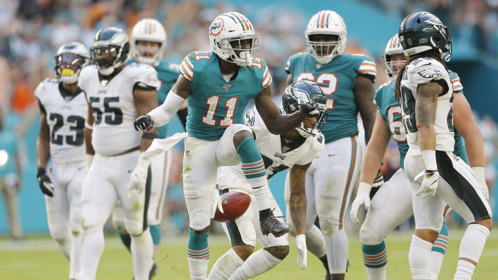 MIAMI, FLORIDA – DECEMBER 01: DeVante Parker #11 of the Miami Dolphins reacts against the Philadelphia Eagles during the fourth quarter at Hard Rock Stadium on December 01, 2019 in Miami, Florida. (Photo by Michael Reaves/Getty Images)