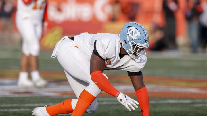 MOBILE, AL – JANUARY 25: Defensive End Jason Strowbridge #55 from North Carolina of the North Team during the 2020 Resse’s Senior Bowl at Ladd-Peebles Stadium on January 25, 2020 in Mobile, Alabama. The North Team defeated the South Team 34 to 17. (Photo by Don Juan Moore/Getty Images)
