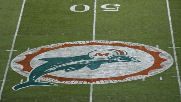 MIAMI GARDENS, FL - OCTOBER 23: The Miami Dolphins wore throwback jerseys and pointed their original logo at midfield for the game against the Buffalo Bills on October 23, 2016 at Hard Rock Stadium in Miami Gardens, Florida. Miami defeated Buffalo 28-25. (Photo by Joel Auerbach/Getty Images)