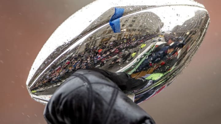 BOSTON, MA - FEBRUARY 07: The Vince Lombardi trophy is held during the New England Patriots Super Bowl victory parade on February 7, 2017 in Boston, Massachusetts. The Patriots defeated the Atlanta Falcons 34-28 in overtime in Super Bowl 51. (Photo by Billie Weiss/Getty Images)