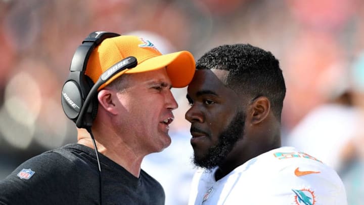 CINCINNATI, OH - OCTOBER 7: Associate head coach/special teams coordinator Darren Rizzi of the Miami Dolphins yells at Martrell Spaight #53 after he was given an unsportsmanlike penalty for taunting during the third quarter of the game against the Cincinnati Bengals at Paul Brown Stadium on October 7, 2018 in Cincinnati, Ohio. (Photo by Bobby Ellis/Getty Images)