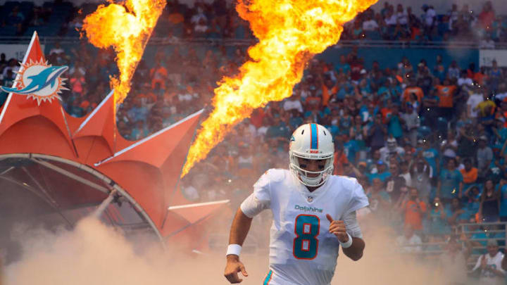 MIAMI, FL - OCTOBER 14: Brock Osweiler #8 of the Miami Dolphins takes the field for their game against the Chicago Bears at Hard Rock Stadium on October 14, 2018 in Miami, Florida. (Photo by Cliff Hawkins/Getty Images)