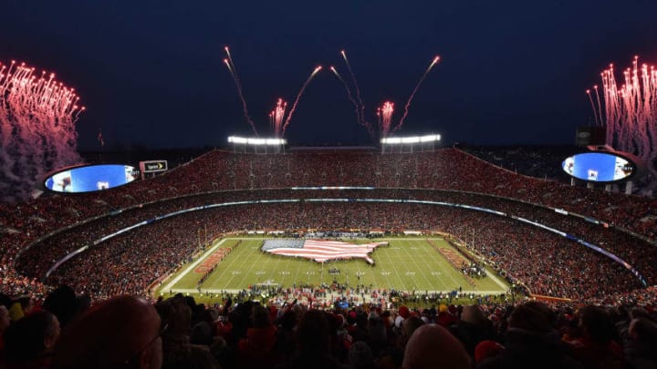 KANSAS CITY, MISSOURI - JANUARY 20: A general view during the national anthem prior to the AFC Championship Game between the New England Patriots and the Kansas City Chiefs at Arrowhead Stadium on January 20, 2019 in Kansas City, Missouri. (Photo by Jason Hanna/Jason Hanna)