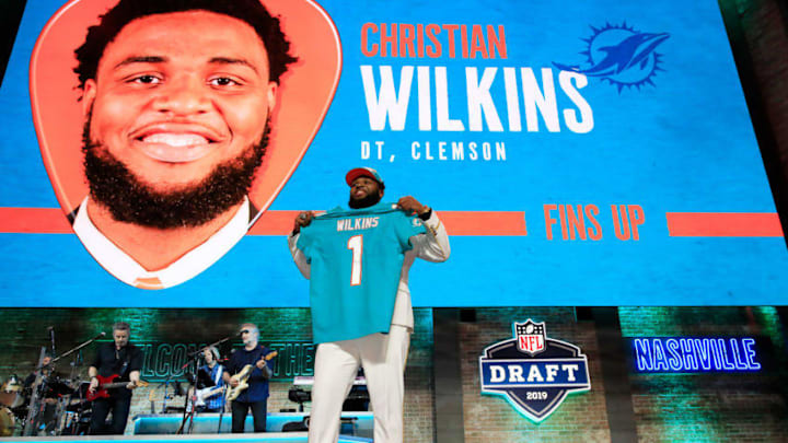 NASHVILLE, TENNESSEE - APRIL 25: Christian Wilkins of Clemson reacts after being chosen #13 overall by the Miami Dolphins during the first round of the 2019 NFL Draft on April 25, 2019 in Nashville, Tennessee. (Photo by Andy Lyons/Getty Images)