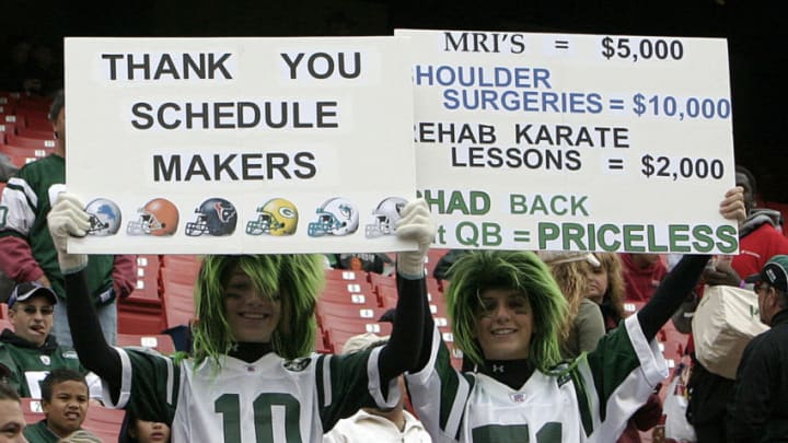 New York Jets fans hold up a sign thatnking the schedule makers during their 31 to 24 victory over the Detroit Liopns on October 22, 2006 at Giants Stadium in East Rutherford, New Jersey. (Photo by Ralph Waclawicz/NFLPhotoLibrary)