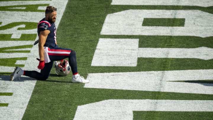 FOXBOROUGH, MA - OCTOBER 18: Julian Edelman #11 of the New England Patriots looks on before a game against the Denver Broncos at Gillette Stadium on October 18, 2020 in Foxborough, Massachusetts. (Photo by Billie Weiss/Getty Images)
