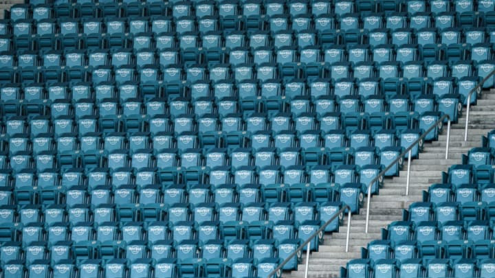 MIAMI GARDENS, FLORIDA - AUGUST 29: A general view of the socially distant seating arrangement in the stadium during Miami Dolphins training camp at Hard Rock Stadium on August 29, 2020 in Miami Gardens, Florida. (Photo by Mark Brown/Getty Images)