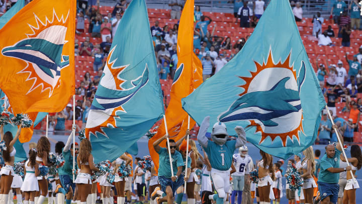 MIAMI GARDENS, FL – AUGUST 23: Miami Dolphins cheerleaders, flag bearers and the Dolphins’ mascot celebrate as their team runs onto the field before meeting the Dallas Cowboys in a preseason game at Sun Life Stadium on August 23, 2014 in Miami Gardens, Florida. (Photo by Rob Foldy/Getty Images)