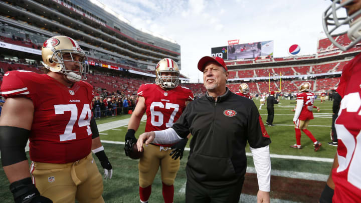 SANTA CLARA, CA – JANUARY 3: Offensive Line Coach Chris Foerster of the San Francisco 49ers talks with Joe Staley #74 and Daniel Kilgore #67 on the field prior to the game against the St. Louis Rams at Levi Stadium on January 3, 2016 in Santa Clara, California. The 49ers defeated the Rams 19-16. (Photo by Michael Zagaris/San Francisco 49ers/Getty Images)