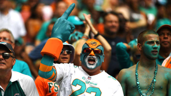 MIAMI GARDENS, FL - OCTOBER 22: A Miami Dolphins fan cheers during the first quarter against the New York Jets at Hard Rock Stadium on October 22, 2017 in Miami Gardens, Florida. (Photo by Rob Foldy/Getty Images)