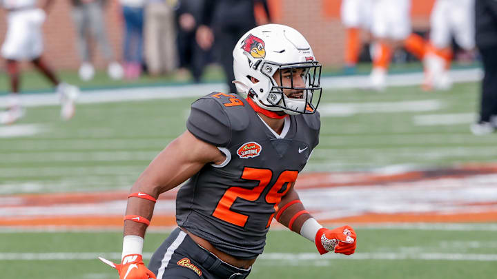 MOBILE, AL – JANUARY 30: Safety Christian Uphoff #29 from Illinois State of the National Team warms up before the start of the 2021 Resse’s Senior Bowl at Hancock Whitney Stadium on the campus of the University of South Alabama on January 30, 2021 in Mobile, Alabama. The National Team defeated the American Team 27-24. (Photo by Don Juan Moore/Getty Images)