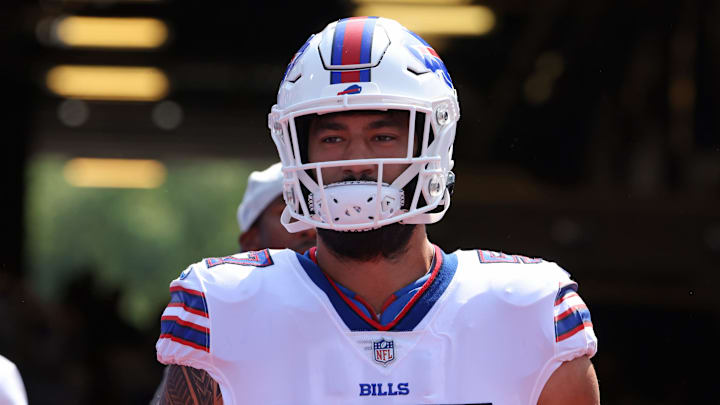 ORCHARD PARK, NY – AUGUST 28: A.J. Epenesa #57 of the Buffalo Bills before a game against the Green Bay Packers at Highmark Stadium on August 28, 2021 in Orchard Park, New York. (Photo by Timothy T Ludwig/Getty Images)
