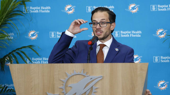 MIAMI GARDENS, FL – FEBRUARY 10: Head coach Mike McDaniel of the Miami Dolphins answers questions from the media on February 10, 2022 at the Miami Dolphins Baptist Health Training Complex in Miami Gardens, Florida. (Photo by Joel Auerbach/Getty Images)
