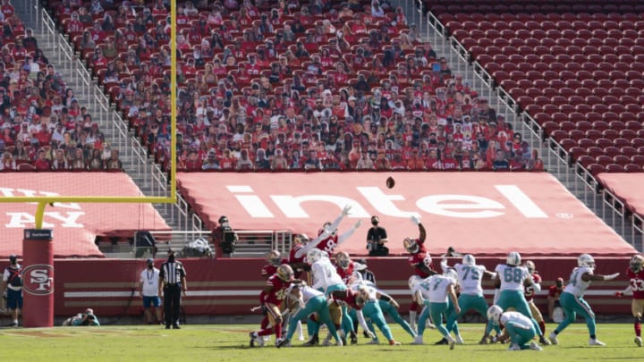 October 11, 2020; Santa Clara, California, USA; Miami Dolphins kicker Jason Sanders (7) kicks a field goal against the San Francisco 49ers during the second quarter at Levi's Stadium. Mandatory Credit: Kyle Terada-USA TODAY Sports