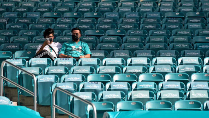 Oct 18, 2020; Miami Gardens, Florida, USA; Miami Dolphins fans sit in the stands prior to the game between the Miami Dolphins and the New York Jets at Hard Rock Stadium. Mandatory Credit: Jasen Vinlove-USA TODAY Sports