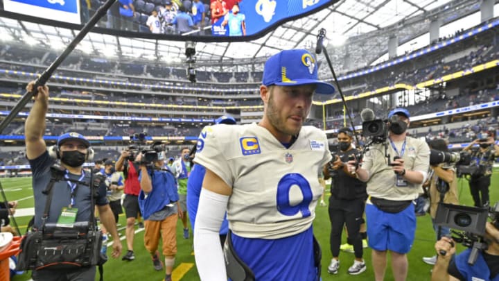 Sep 26, 2021; Inglewood, California, USA; Los Angeles Rams quarterback Matthew Stafford (9) as he leaves the field after the game against the Tampa Bay Buccaneers at SoFi Stadium. Mandatory Credit: Jayne Kamin-Oncea-USA TODAY Sports