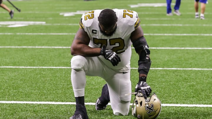 Oct 31, 2021; New Orleans, Louisiana, USA; New Orleans Saints offensive tackle Terron Armstead (72) against Tampa Bay Buccaneers during the first half at Caesars Superdome. Mandatory Credit: Stephen Lew-USA TODAY Sports