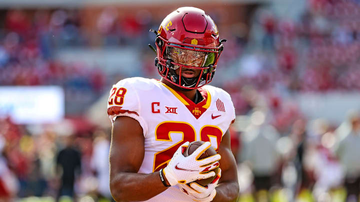 Nov 20, 2021; Norman, Oklahoma, USA; Iowa State Cyclones running back Breece Hall (28) warms up before the game against the Oklahoma Sooners at Gaylord Family-Oklahoma Memorial Stadium. Mandatory Credit: Kevin Jairaj-USA TODAY Sports