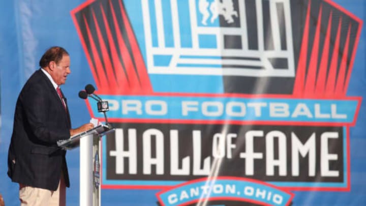 Aug 6, 2016; Canton, OH, USA; Network television broadcaster Chris Berman hosts the ceremonies during the 2016 NFL Hall of Fame enshrinement at Tom Benson Hall of Fame Stadium. Mandatory Credit: Charles LeClaire-USA TODAY Sports