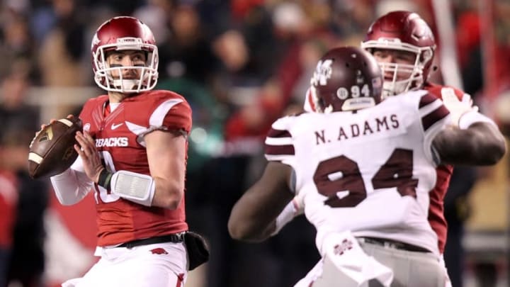 Nov 21, 2015; Fayetteville, AR, USA; Arkansas Razorbacks quarterback Brandon Allen (10) looks to pass in the first half against the Mississippi State Bulldogs at Donald W. Reynolds Razorback Stadium. Mandatory Credit: Nelson Chenault-USA TODAY Sports