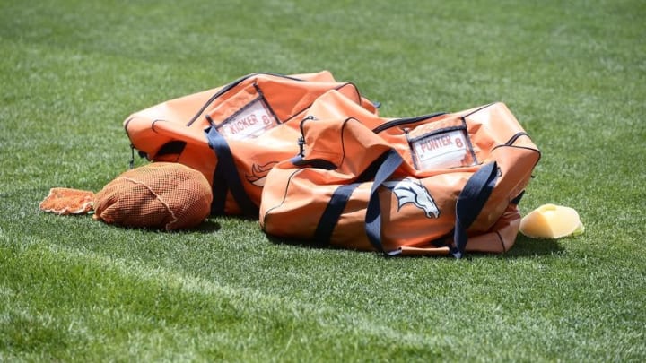 Jun 7, 2016; Englewood, CO, USA; General view of the special team bags of the Denver Broncos during mini camp drills at the UCHealth Training Center. Mandatory Credit: Ron Chenoy-USA TODAY Sports