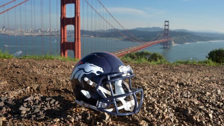 Feb 5, 2016; San Francisco, CA, USA; General view of Denver Broncos helmet prior to the Super Bowl 50 at the Golden Gate bridge. Mandatory Credit: Kirby Lee-USA TODAY Sports