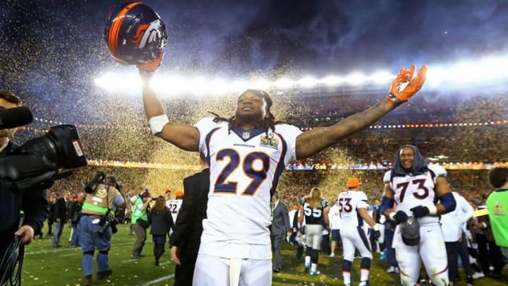 Feb 7, 2016; Santa Clara, CA, USA; Denver Broncos cornerback Bradley Roby (29) celebrates after defeating the Carolina Panthers in Super Bowl 50 at Levi