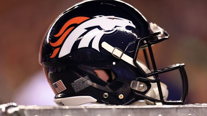Dec 22, 2014; Cincinnati, OH, USA; General view of a Denver Broncos helmet on the sidelines against the Cincinnati Bengals at Paul Brown Stadium. Mandatory Credit: Andrew Weber-USA TODAY Sports
