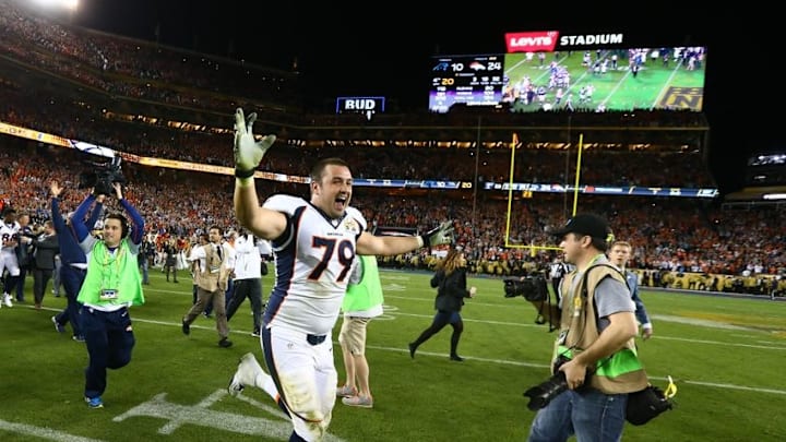 Feb 7, 2016; Santa Clara, CA, USA; Denver Broncos tackle Michael Schofield (79) celebrates on the field after defeating the Carolina Panthers in Super Bowl 50 at Levi