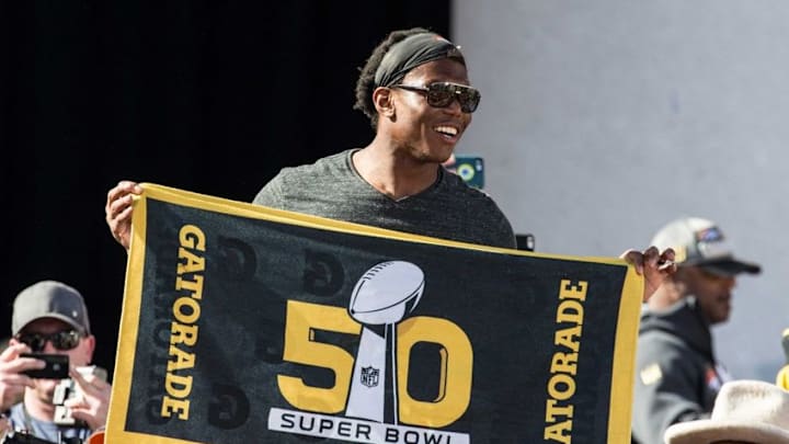Feb 9, 2016; Denver, CO, USA; Denver Broncos tight end Virgil Green (85) during the Super Bowl 50 championship parade celebration at Civic Center Park. Mandatory Credit: Isaiah J. Downing-USA TODAY Sports