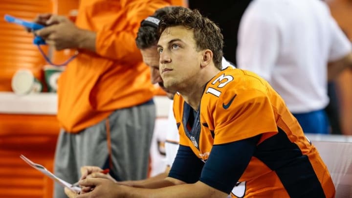 Sep 8, 2016; Denver, CO, USA; Denver Broncos quarterback Trevor Siemian (13) in the fourth quarter against the Carolina Panthers at Sports Authority Field at Mile High. Mandatory Credit: Isaiah J. Downing-USA TODAY Sports