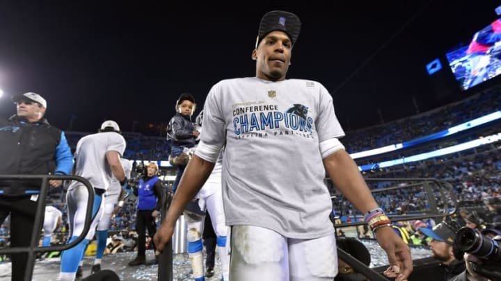 Jan 24, 2016; Charlotte, NC, USA; Carolina Panthers quarterback Cam Newton (1) celebrates after beating the Arizona Cardinals in the NFC Championship football game at Bank of America Stadium. Mandatory Credit: Bob Donnan-USA TODAY Sports