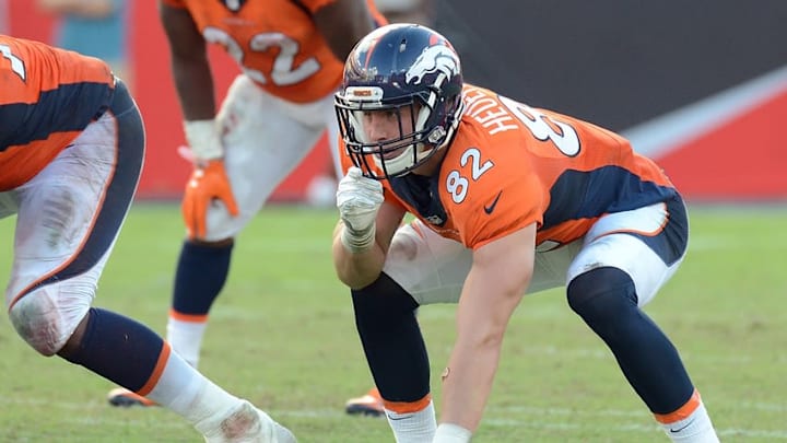 Oct 2, 2016; Tampa, FL, USA; Denver Broncos tight end Jeff Heuerman (82) lines up in the second half against the Tampa Bay Buccaneers at Raymond James Stadium. Mandatory Credit: Jonathan Dyer-USA TODAY Sports