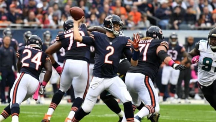 Oct 16, 2016; Chicago, IL, USA; Chicago Bears quarterback Brian Hoyer (2) passes against the Jacksonville Jaguars during the first half at Soldier Field. Mandatory Credit: Patrick Gorski-USA TODAY Sports