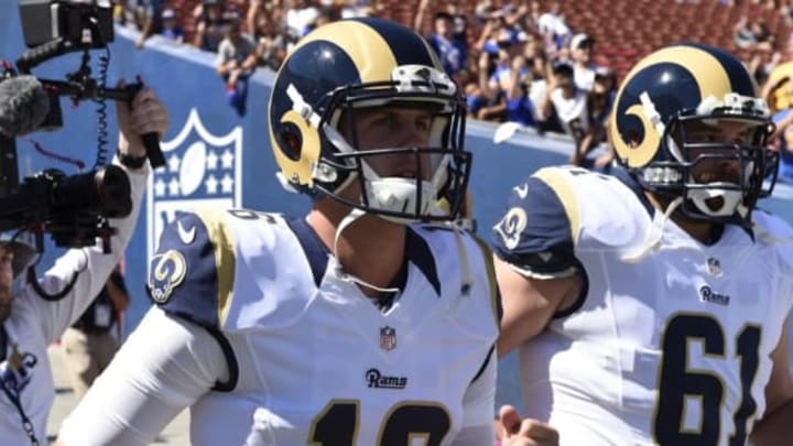 Oct 9, 2016; Los Angeles, CA, USA; Los Angeles Rams quarterback Jared Goff (16) takes the field for warm ups before the NFL game against the Buffalo Bills at Los Angeles Memorial Coliseum. Mandatory Credit: Richard Mackson-USA TODAY Sports
