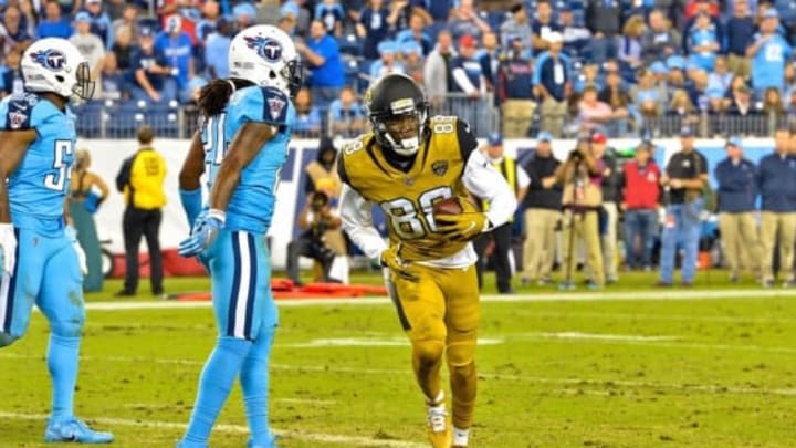 Oct 27, 2016; Nashville, TN, USA; Jacksonville Jaguars wide receiver Allen Hurns (88) rushes for a touchdown against the Tennessee Titans during the second half at Nissan Stadium. Tennessee won 36-22. Mandatory Credit: Jim Brown-USA TODAY Sports