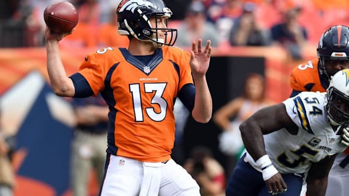 Oct 30, 2016; Denver, CO, USA; Denver Broncos quarterback Trevor Siemian (13) attempts a pass in the first half against the San Diego Chargers at Sports Authority Field at Mile High. Mandatory Credit: Ron Chenoy-USA TODAY Sports