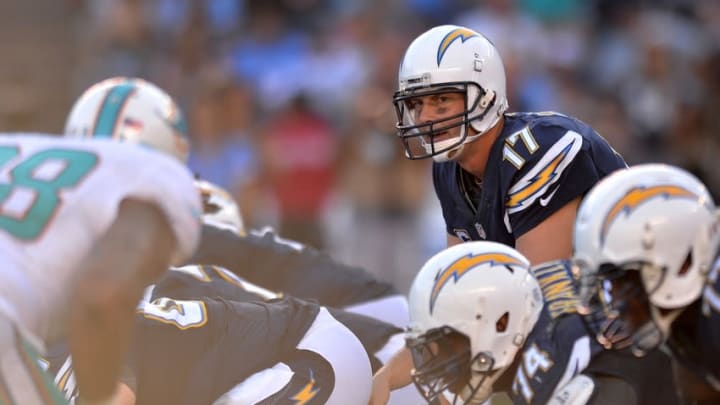 Nov 13, 2016; San Diego, CA, USA; San Diego Chargers quarterback Philip Rivers (17) looks across the line during the third quarter against the Miami Dolphins at Qualcomm Stadium. Mandatory Credit: Jake Roth-USA TODAY Sports