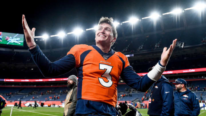DENVER, CO - DECEMBER 29: Drew Lock #3 of the Denver Broncos walks off the field after a 16-15 win over the Oakland Raiders at Empower Field at Mile High on December 29, 2019 in Denver, Colorado. (Photo by Dustin Bradford/Getty Images) DENVER, CO - DECEMBER 29: Drew Lock #3 of the Denver Broncos walks off the field after a 16-15 win over the Oakland Raiders at Empower Field at Mile High on December 29, 2019 in Denver, Colorado. (Photo by Dustin Bradford/Getty Images)
