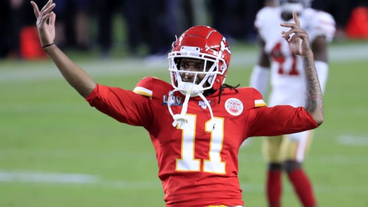 MIAMI, FLORIDA – FEBRUARY 02: Demarcus Robinson #11 of the Kansas City Chiefs celebrates after defeating San Francisco 49ers by 31 to 20 in Super Bowl LIV at Hard Rock Stadium on February 02, 2020, in Miami, Florida. (Photo by Andy Lyons/Getty Images)