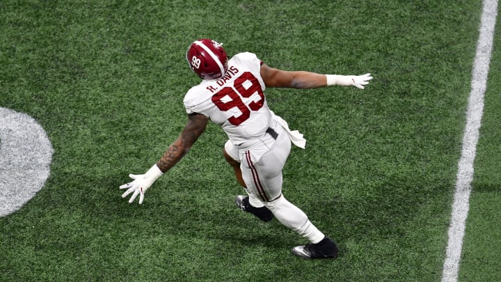ATLANTA, GA – JANUARY 08: Raekwon Davis #99 of the Alabama Crimson Tide celebrates after an interception against the Georgia Bulldogs in the CFP National Championship presented by AT&T at Mercedes-Benz Stadium on January 8, 2018 in Atlanta, Georgia. (Photo by Scott Cunningham/Getty Images)