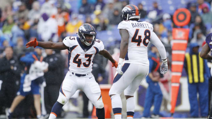 BALTIMORE, MD - SEPTEMBER 23: Joe Jones #43 and Shaquil Barrett #48 of the Denver Broncos react after a blocked punt in the first quarter of the game against the Baltimore Ravens at M&T Bank Stadium on September 23, 2018 in Baltimore, Maryland. (Photo by Joe Robbins/Getty Images)