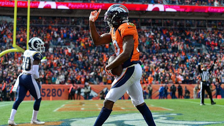 DENVER, CO – OCTOBER 14: Wide receiver Emmanuel Sanders #10 of the Denver Broncos celebrates after a catch before drawing a taunting penalty in the first quarter of a game against the Los Angeles Rams at Broncos Stadium at Mile High on October 14, 2018 in Denver, Colorado. (Photo by Dustin Bradford/Getty Images)