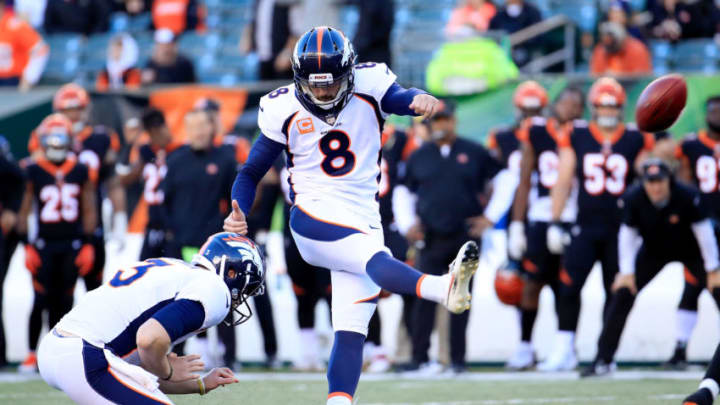 CINCINNATI, OH - DECEMBER 2: Brandon McManus #8 of the Denver Broncos kicks a field goal during the fourth quarter of the game against the Cincinnati Bengals at Paul Brown Stadium on December 2, 2018 in Cincinnati, Ohio. Denver defeated Cincinnati 24-10. (Photo by Andy Lyons/Getty Images)